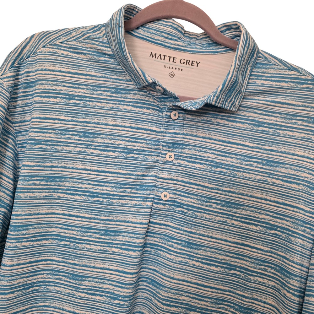 Matte Grey Mens XL‎ Blue White Brushstroke Stripe Performance Golf Polo Shirt